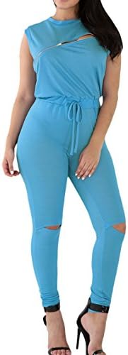 Merry21 Womens Sleeveless Broken Hole Tie Waist Long Pants Jumpsuit Romper (X-Large, Blue)