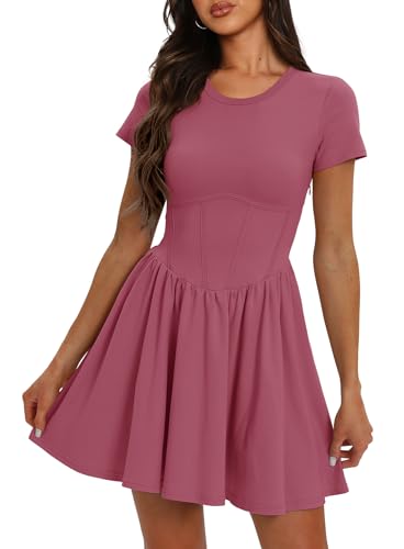 DARONG WOMEN’S CASUAL PLAIN SIMPLE T-SHIRT A LINE DRESS CREW NECK DROP WAIST MINI DRESSES 9051 RASPBERRY PINK M
