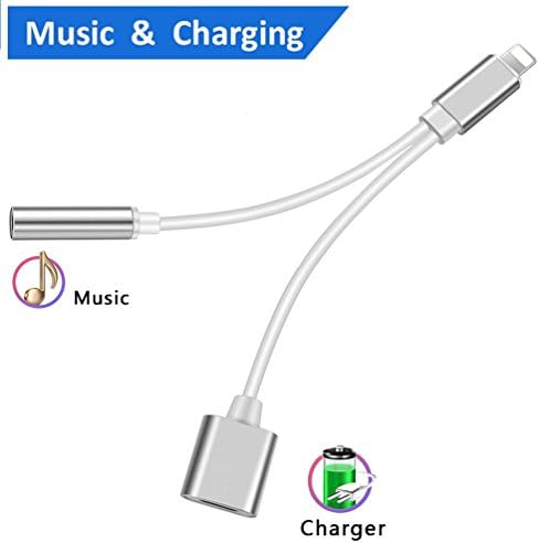 Lightning Adapter Jack Headphone Adaptor for iPhone 8/8 Plus iPhone 7/7 Plus/iPhone X 10/iPad/iPod, 2 in 1 Earphone Adapter Charger Adaptor, Connector Lightning Cable Support iOS 11.3 or more -Silver