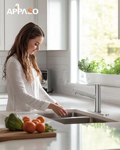 APPASO Kitchen Faucet, Brushed Nickel Kitchen Mixer Tap with Pull Down Sprayer 2 Modes, Single Handle Low Arch Bar Sink Faucet 1 Hole, S304 Stainless Steel No Rust