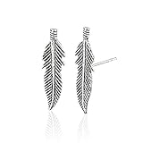 925 Sterling Silver Nature Inspired Feather Post-friction Backing Stud Earrings, 5 x 18 mm