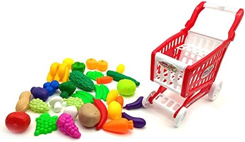 Forever Kidzz Supermarket Shopping Cart Pretend Play Playset Toy with Fruits and Vegetables for Kids, 30 Pieces