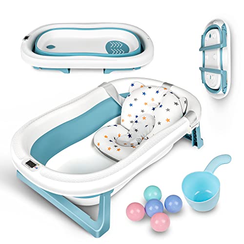 Groß Faltbare Baby Badewanne mit integriertem Thermometer, Baby Wanne Inkl. Badewanneneinsatz Baby, Kinder Bälle, Baby-haarwaschbecher, Babybadewanne Faltbar für Babys 0-6 Jahre, Blau