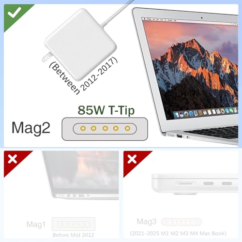 Mac Book Pro Charger - 85W Magnetic T-Tip Power Adapter (Between 2012-2017) | Mag 2 Laptop Charger Compatible with MacBook Air/Pro Retina 13/15/17 " After 2012 with Model: A1425, A1435, A1502,MF840