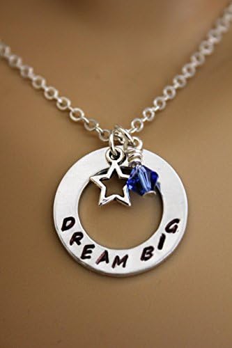 Dream Big Hand Stamped Necklace with Silver Star Charm and Swarovski Birthstone Bead