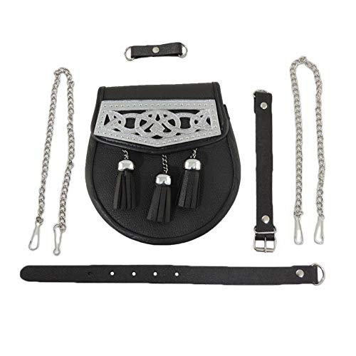 Authentic Black Leather Scottish Kilt Sporran Laced Trim with Embellishments