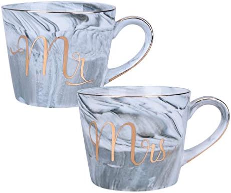 LegendTech 2PCS Porcelain Jumbo Cup Marbling Mr Mrs Mug High Temperature Fired Unique Pattern Gilded Edge Sturdy Smooth Durable Safe Easy Clean for Drink Coffee Milk Tea Wedding Gift Grey White