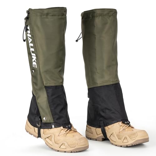 Thallike Leg Gaiters Waterproof for Hiking Hunting, 900D Fabric Portable Boots Snow Gaiters for Mountaineering, Adjustable Walking Leg Gaiters with Upgraded Zipper for Men/Women, Green, L