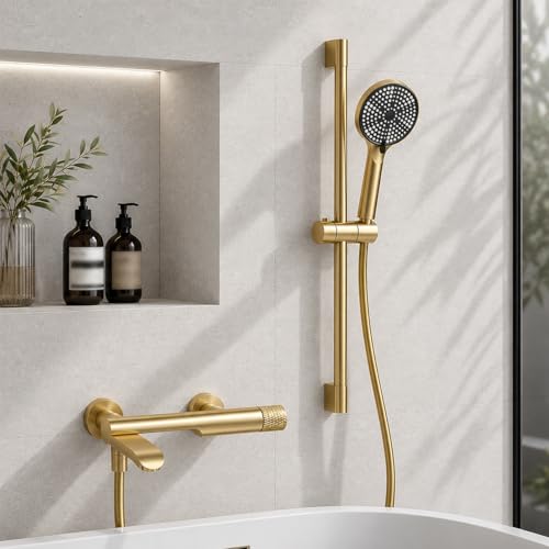 Bath Faucet with 3 Jets, Wall Mounted Bath Mixer Tap with 90° Rotating Spout, 1.5 m Flexible and Bracket, Bathroom Mixer Tap in Brass (Brushed Gold)