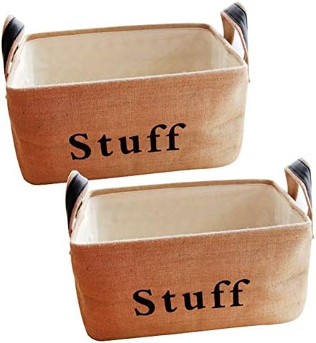 Tosnail 2 Pack Collapsible Jute Storage Bin Nursery Baskets with Leather Handle - Great for Bedroom, Closet, Toys and Cat (Stuff Print)