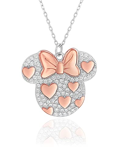 Disney Minnie and Mickey Mouse Sterling Silver Necklace Collection – Two-Tone Cubic Zirconia Necklaces with Pink Accents, Officially Licensed