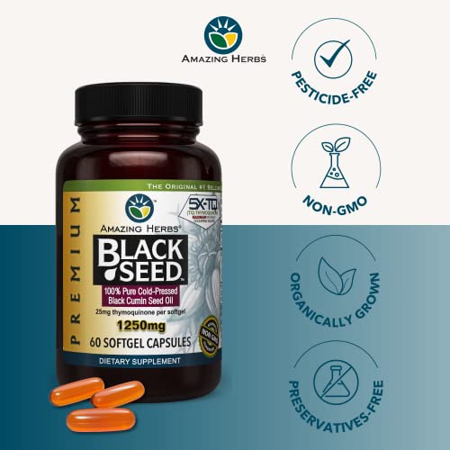 Amazing Herbs Premium Black Seed Oil Capsules High Potency, Cold