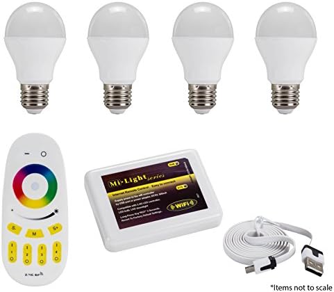 Milight Four Zone Package with Four Milight RGBW Cool White LED Bulbs Four Zone Remote and WiFi Controller