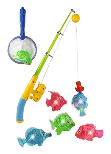 Magnetic Light Up Fishing Bath Toy Set for Kids - Rod & Reel with Turtle and 5 Unique Fish
