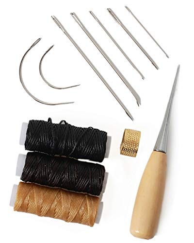 12 pcs Leather Craft Tool，Includes 5 root Leather Hand Sewing Needle，2 Curved Needle，3 Roll Leather Waxed Thread Cord（Black、Beige、Dark brown），1 Drilling awl and 1 Thimble，meet your leather repair need