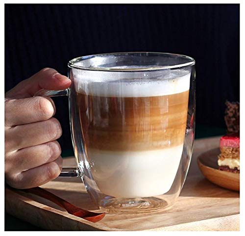 Set of 2 Pack Creative Design Double-Layer Transparent Double Wall Drinking Glass Cup Mug with Handle (12 oz, 350 ml) for Coffee, Tea ...