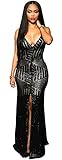Kearia Women Short Sleeve Deep V-Neck Sequin Split Bodycon Cocktail Party Dress (label XLarge=US L, Long Black)