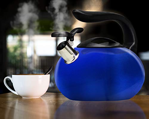 2.8 Quart Tea Kettle, Food Grade Tea Kettles Stovetop, Whistling Tea Pots for Stove Top, Anti-Rust Stainless Steel Water Kettle with Thumb Press Cover and Lid, 12 Cup Blue Tea Kettle Pot
