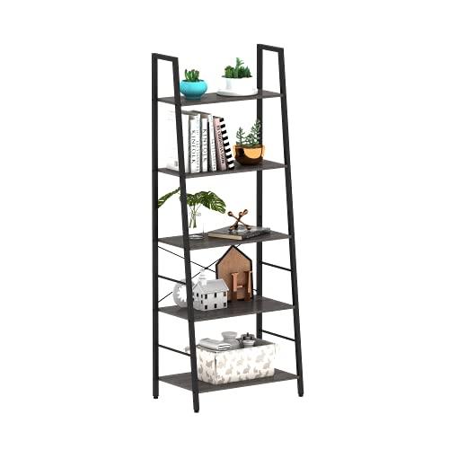 Gadroad Ladder Bookcase Industrial 5Tier Bookshelf, Free Standing Ladder Shelf with Metal Frame
