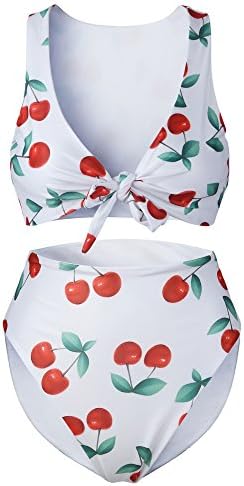 AceIce Womens 2 Pieces High Waisted Bikini Sets Tie Knot Cherry Print Swimsuit Beachwear Swimwear