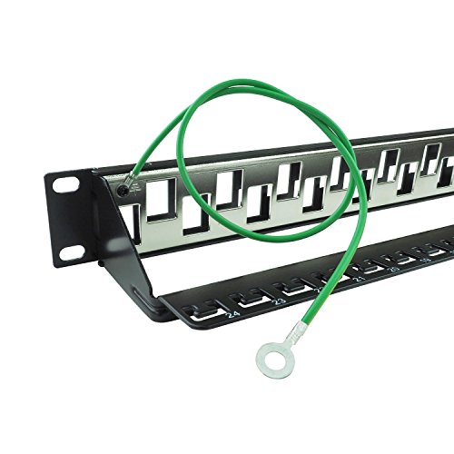 LINKOMM RJ45 1U 19 Inch 24-Port Shielded Cat6A Blank Staggered Keystone Jack Patch Panel with Rear Cable Management, Black