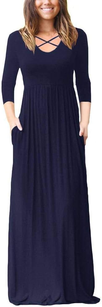 Women's Long Sleeve Maxi Dresses with Pockets Plain Loose Long Dresses