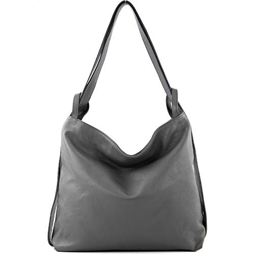 modamoda de - T192 Italian Women's Backpack Bag 2-in-1 Leather, Tent Grey, Large
