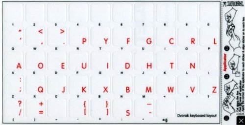 APPLE DVORAK STICKERS FOR KEYBOARD WITH RED LETTERING TRANSPARENT BACKGROUND FOR DESKTOP, LAPTOP AND NOTEBOOK