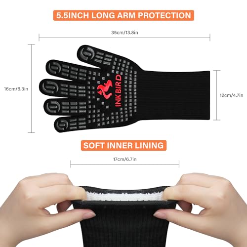 INKBIRD BBQ Gloves 800°C Extreme Heat Resistant Grill Gloves, Insulated Grilling Mitts for Kitchen Cooking, Baking, Smoking Use, Non-Slip Silicone, 14cm Long Arm Protection, Comfortable Cotton Lining