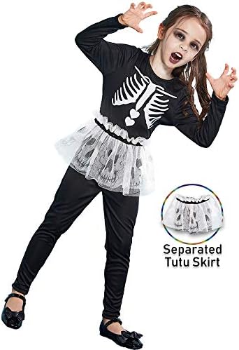 ReneeCho Girl’s Halloween Costume Skeleton Jumpsuit Tutu Dress Skull Bones Skirt Bodysuit Catsuit