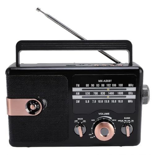 Tragbares Radio AM FM SW Full Band Radio Batterie mit Ladekabel, Batterie Nicht Inbegriffen, BT Lautsprecher, Support Memory Card, für Home Kitchen Notfall (Black)