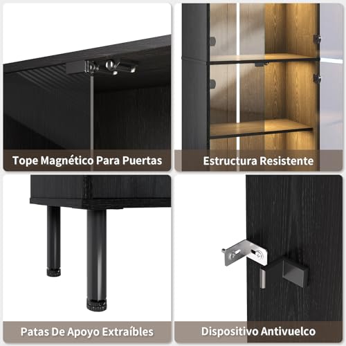 Simple Wisdom Vitrina,Vitrinas Exhibidor con Puertas de Cristal,Vitrinas Alta de Cristal con Luces LED,Vitrina para Coleccionables con 3 Estantes para Esquinero para Sala (Negro, 181X60 CM)