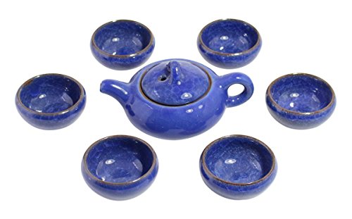 Elegant Chinese Kung Fu Style Ceramic Teapot and 6 Tea Cups Set - Dark Blue