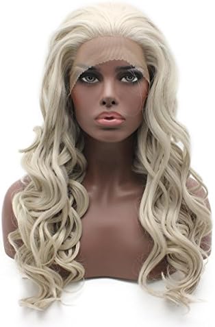 Long Wavy Grey Blonde Half Hand Tied Swiss Lace Front Wig Synthetic