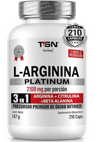Arginina Platinum 2100mg por porción | L Arginina + L Citrulina + Beta Alanina | Pre Workout | Pre Entreno sin Cafeina | Precursor de Oxido Nítrico | Rendimiento y Energia | Testrol TSN (210 Cápsulas).