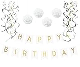 Birthday Party Pack - White Happy Birthday Bunting, Poms, and Swirls Pack- Birthday Decorations - 21st - 30th - 40th - 50th Birthday Party Supplies