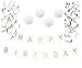 Birthday Party Pack - White Happy Birthday Bunting, Poms, and Swirls Pack- Birthday Decorations - 21st - 30th - 40th - 50th Birthday Party Supplies