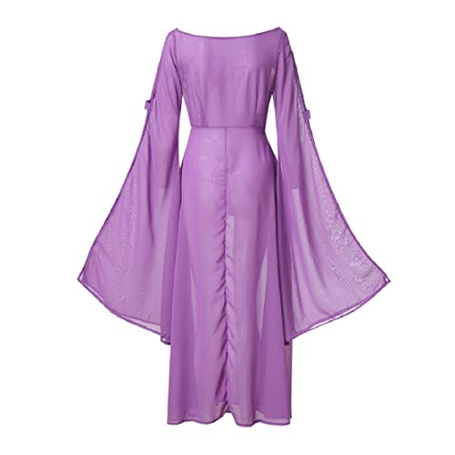 Women Hollow Trumpet Sleeve Flare Dress Off Shoulder Vintage Party Club Elegant Performance Medieval Costume by Lowprofile Purple