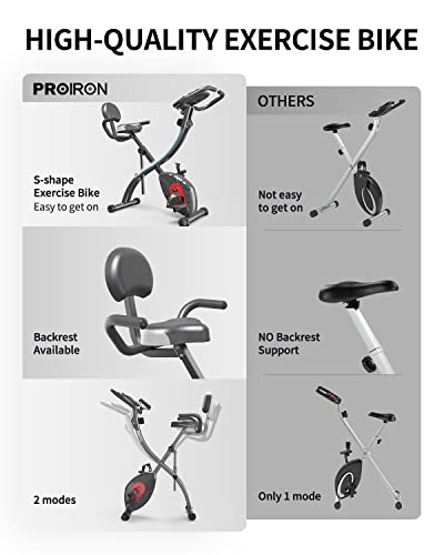 PROIRON Folding Exercise Bike, Fitness Exercise Bike with Backrest, Resistance Band, 8 Levels Magnetic Resistance, Pulse Sensor, Height Adjustable, Weight Max 120 kg…
