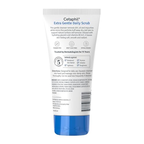 CETAPHIL EXFOLIATING FACE WASH, EXTRA GENTLE DAILY FACE SCRUB, GENTLY EXFOLIATES & CLEANSES, FOR ALL SKIN TYPES, NON-IRRITATING & HYPOALLERGENIC, SUITABLE FOR SENSITIVE SKIN, 6 FL OZ, PACK OF 2