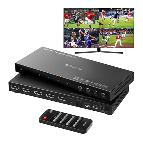 HDMI Multiviewer Switch 4x1 with Pip, PORTTA Quad Multi Viewer Seamless Switch 4 in 1 out with Toslink, 3.5mm Audio Output Support 1080p 60Hz, 6 Viewing Modes, Downscaler, Compatible with PS4 Xbox