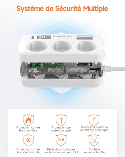 3 M Electric Extension Cord with 4 USB (2 USB-C), 3 Sockets with Switch, Wall Mount Surge Arrester for Home Office, White 16A/4000W