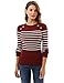 PattyBoutik Women Crewneck Striped Military Sweater (Burgundy and Ivory Small)