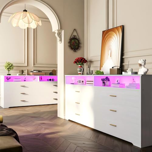Simple Wisdom Cajonera para Recamara,Comoda Cajonera para Recamara con Toma de Corriente y Luz Led,Cajoneras de Madera,con 6 Cajones de Madera de Almacenaje y 2 Estantes Abiertos,Cajoneras.(Blanco)