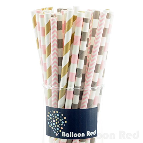 Biodegradable Paper Drinking Straws (Premium Quality), Pack of 100, Combo - Gold & Pink / Striped