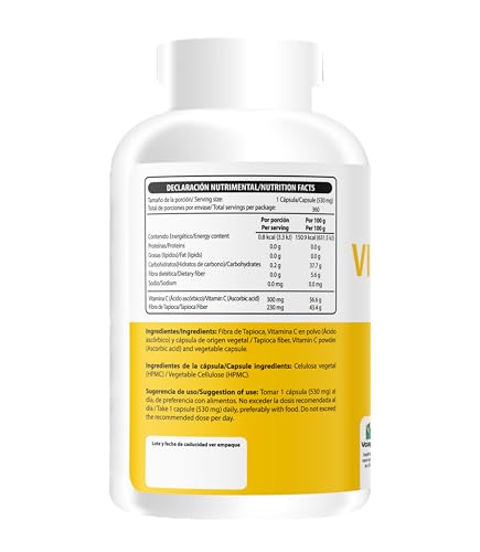 Wellthy Vitamina C 360 Cápsulas. 300mg, Solo 1 Cápsula al día, Casi un Año de Consumo, VCaps Capsulas Veganas. Hecho en Planta Certificada