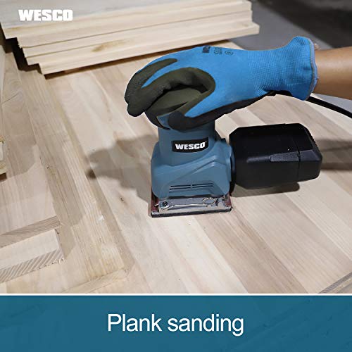 Palm Sander, WESCO 2.0 Amp 1/4 Sheet Sander, 12,000 OPM Corded Finishing Sander with Dust Collector, Punch Plate & 12 Sanding Discs, Vacuum Adapter, Quick Locking System/ WS4151U.1