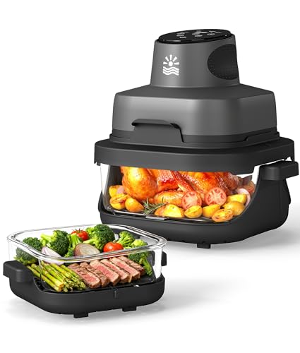 Rellytech Portable Glass Air Fryer - 1500W, 4.2 QT & 6-Cup Dual Glass Containers with Lids, 4-in-1, 60 Min Timer, 140°F-400°F Adjustable, Microwave, Freezer & Dishwasher Safe, Grey by Rellytech - Used condition - US$76.45