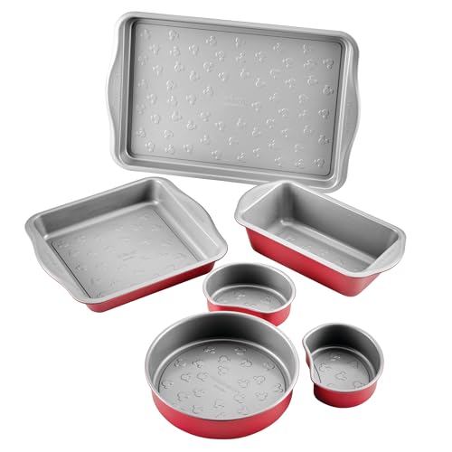 Farberware Disney Bake with Mickey Mouse Nonstick Bakeware Cake Pans, Baking Sheet, and Loaf/Meatloaf Pan, 6 Piece Non Stick Bakeware Set - Red
