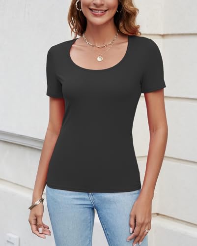 JSQTYSL WOMENS SHORT SLEEVE SCOOP NECK TOPS CASUAL SLIM FITTED BASIC SHIRTS (BLACK,L)